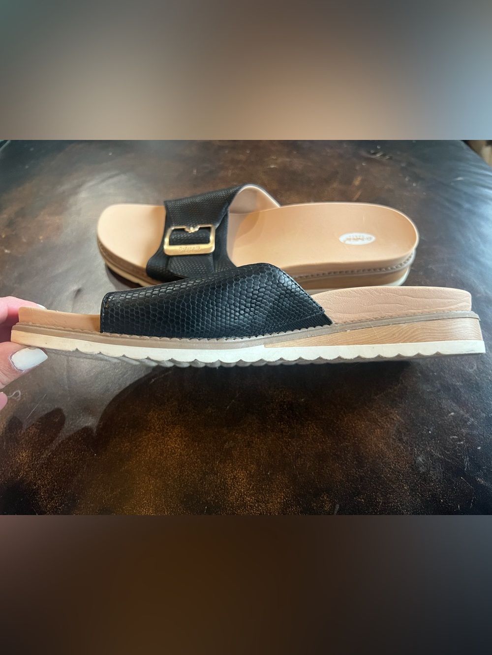 Dr. Scholl's Black Slides with Gold Buckle size 11.